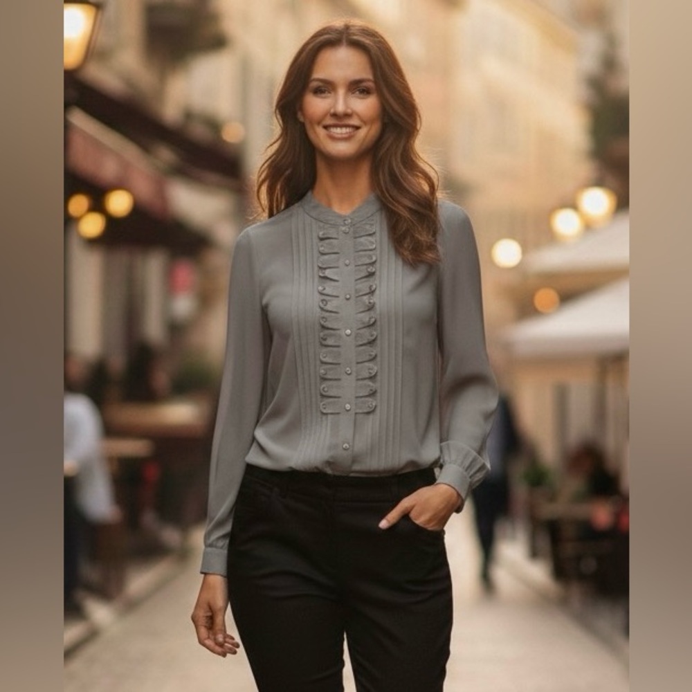 5/48 beautiful light combat green sheer long-sleeved blouse, unique decoration,M